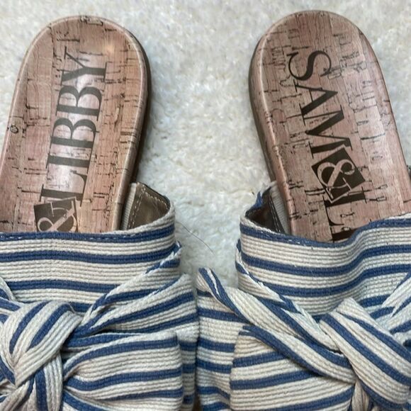 Sam & Libby Blue Cream Striped Bow Slip-On Sandal Women’s Flats Sz 6.5 - Picture 2 of 7